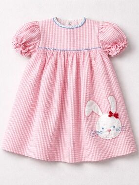 Petit Pomme pink & white stripe sear sucker dress with bunny Appliqué 6 months